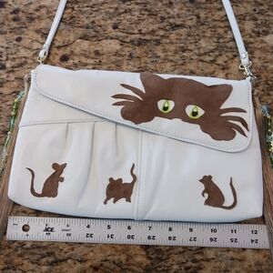 Ah Ha Kitty .White and Brown Cat Design Crossbody Bag